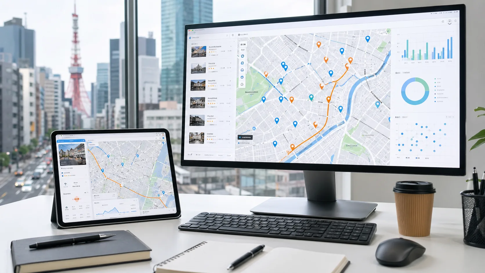 Map-based application screens showing location pins and routes