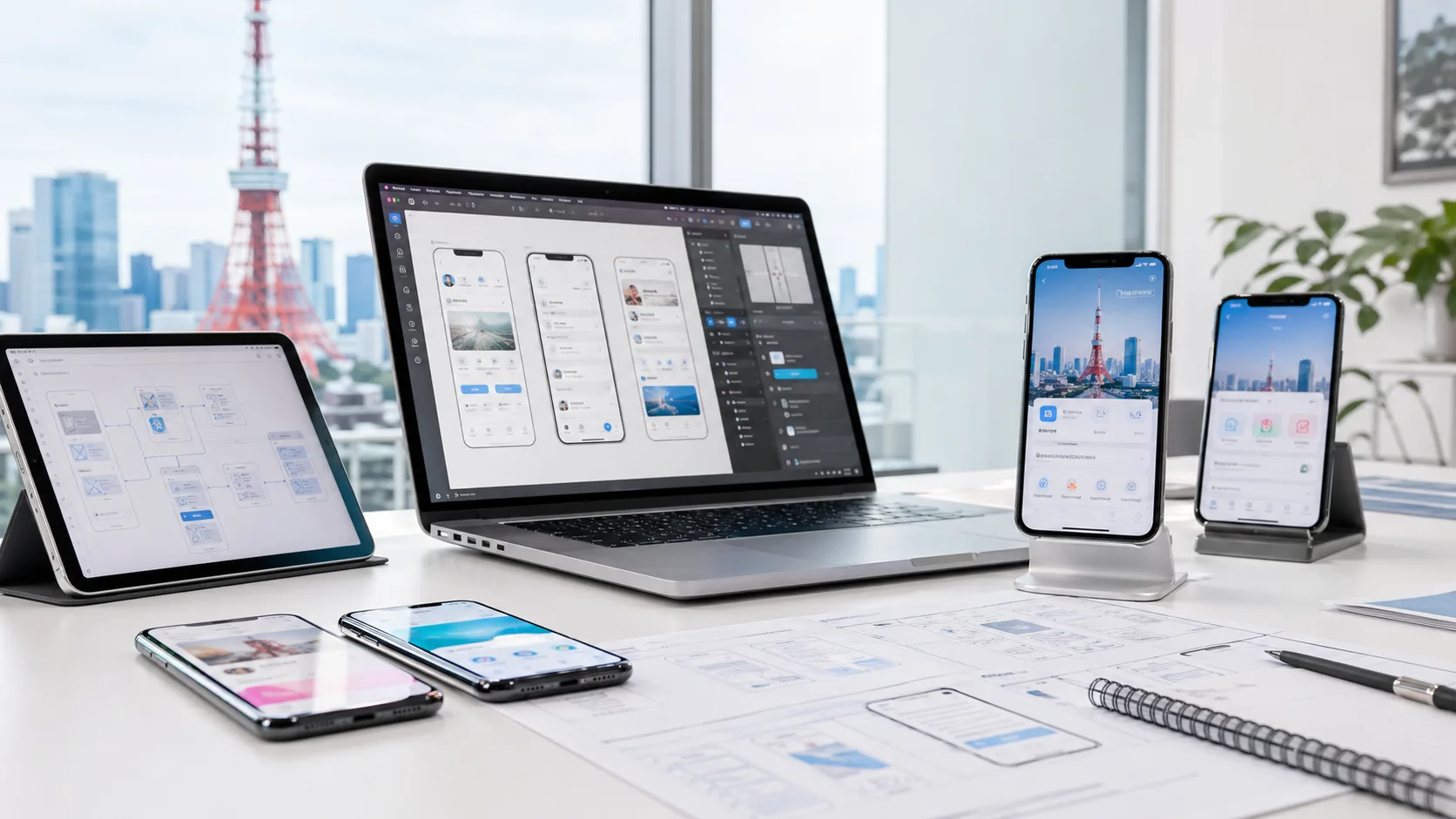 Mobile app development screens across multiple devices