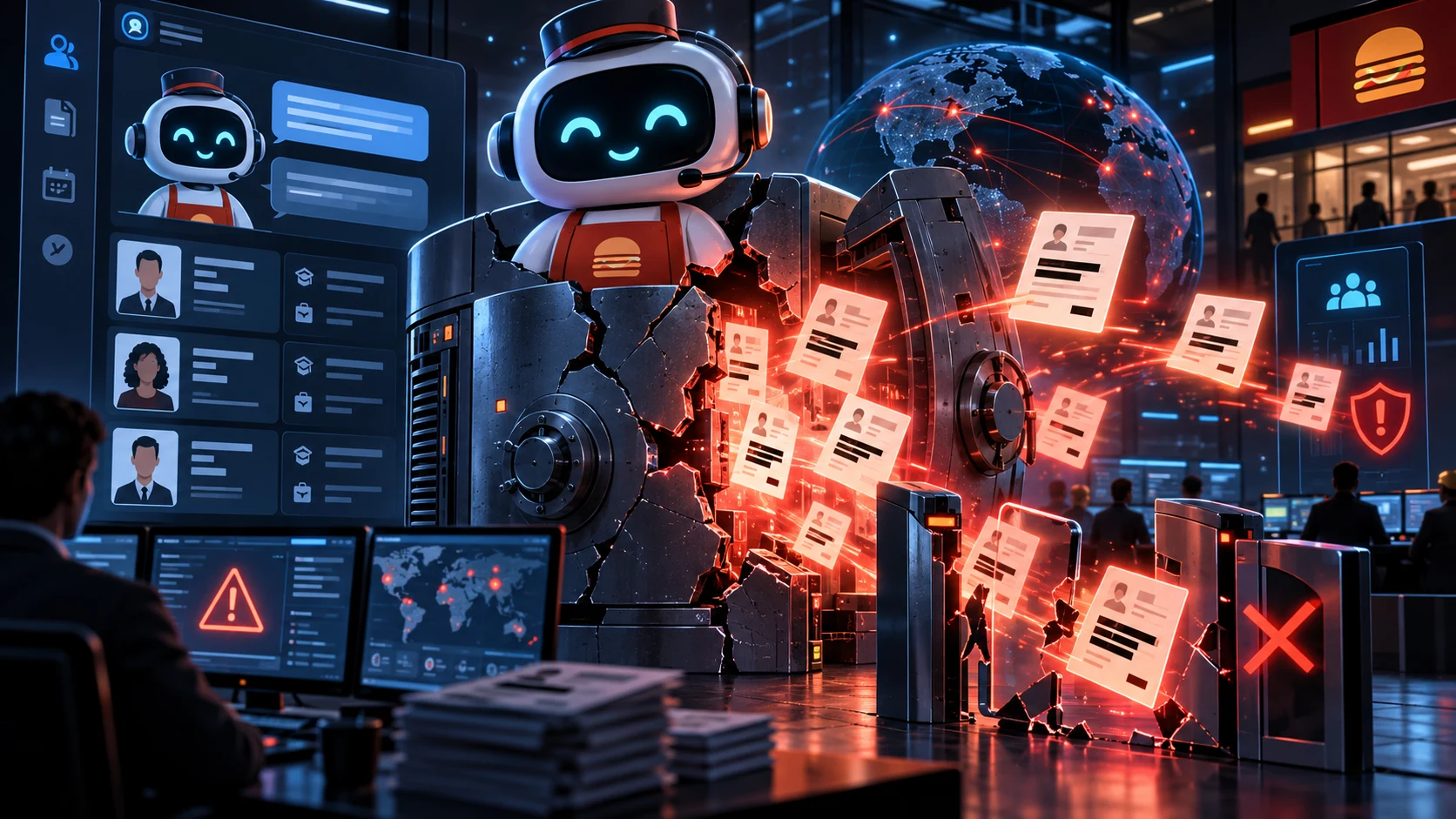 AI採用チャットボットのデータ漏えいリスクを表すイラスト、割れたデジタル金庫、匿名化された応募者データ、セキュリティ警告、実在ロゴなし