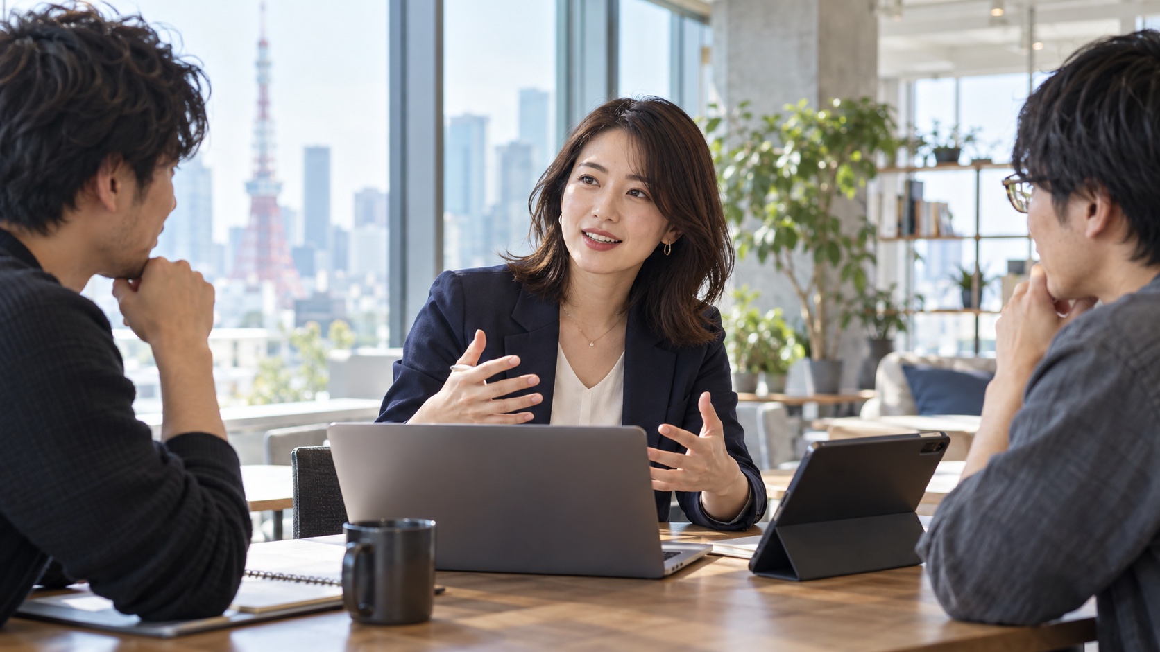 東京のオフィスでスタートアップの代表が開発チームとアプリの課題と構想を話し合う様子