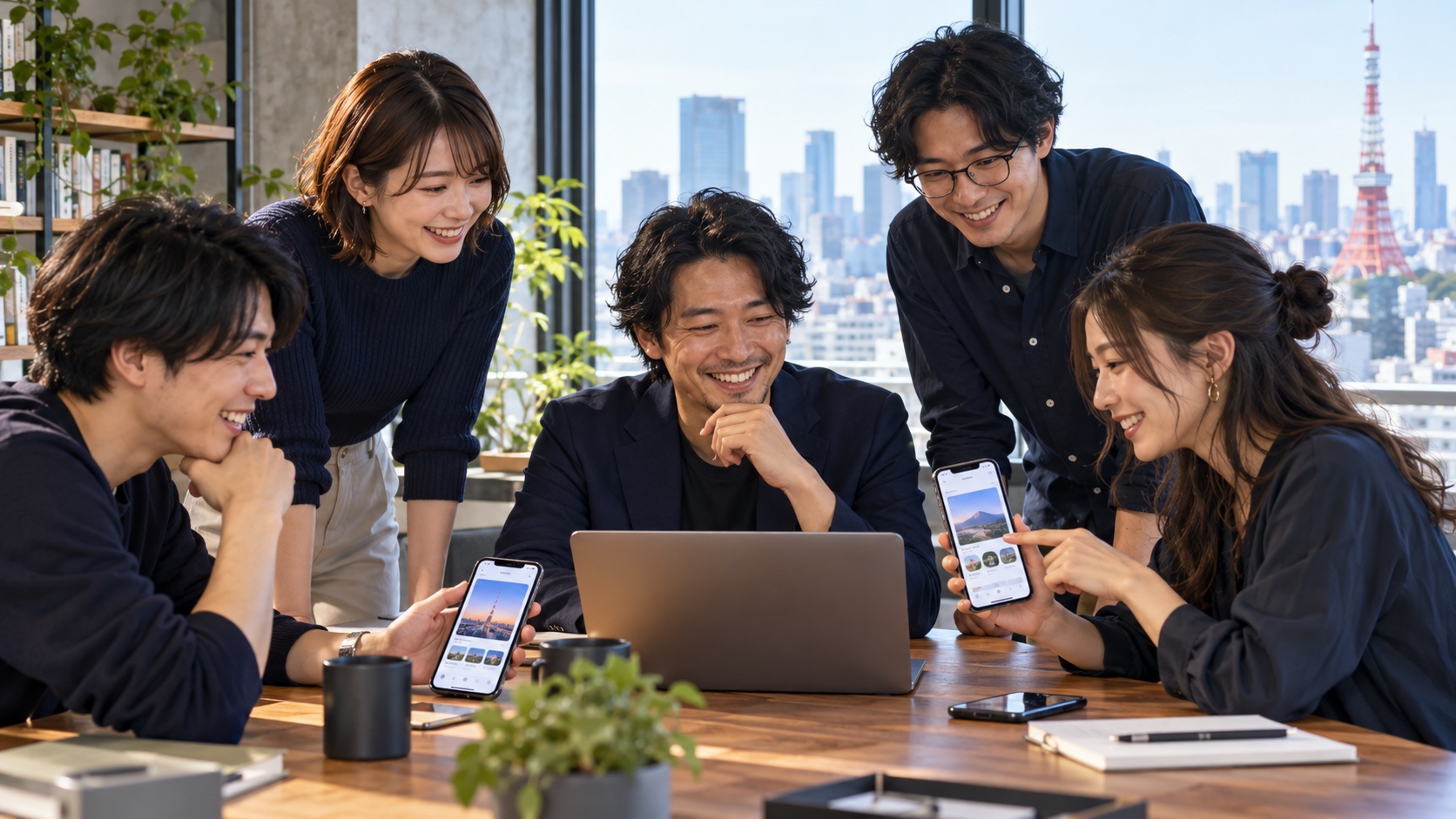 完成したスマホアプリを開発チームと一緒に確認するスタートアップのメンバー