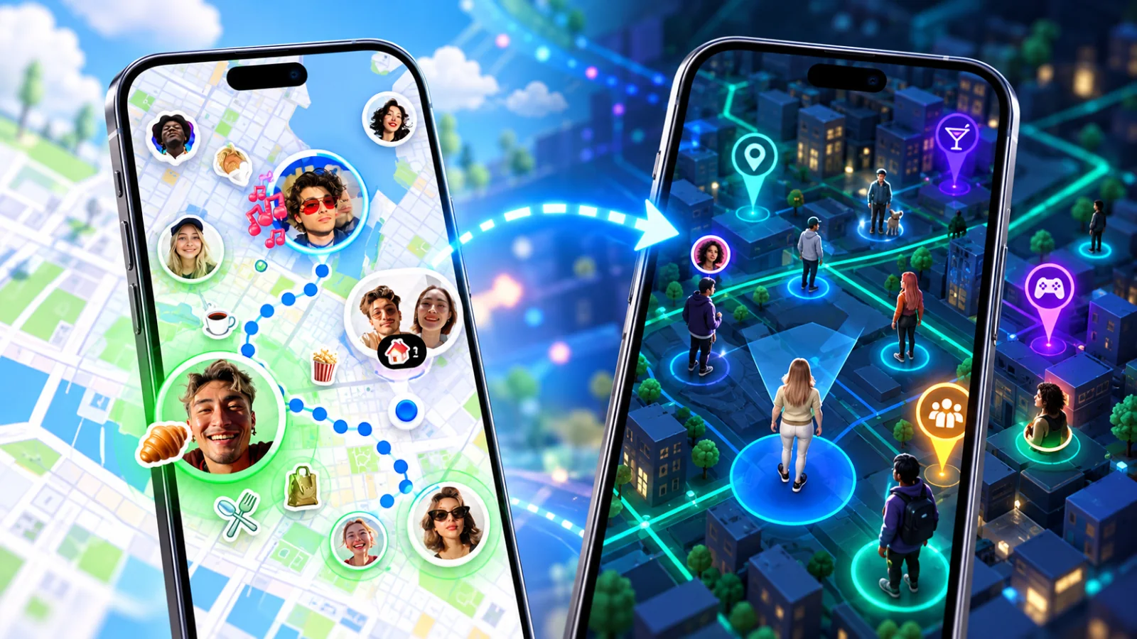 Bumpの友達地図とiS Gatherの3D位置情報SNS・友達探しを比較した編集イメージ