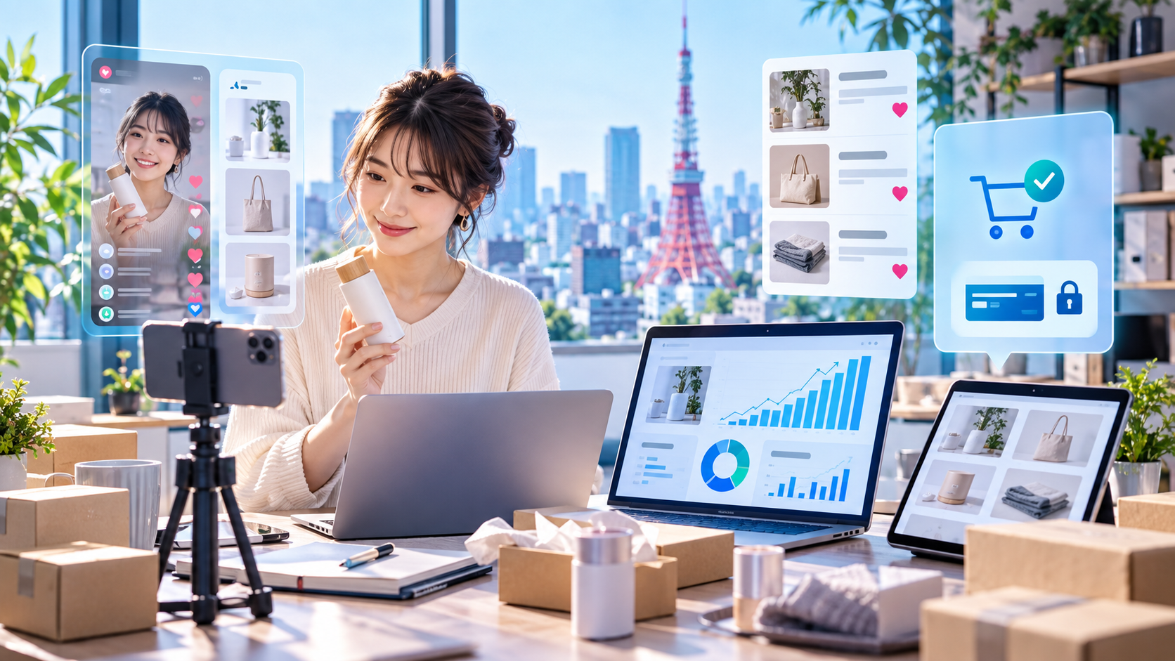 2026年に日本の販売者がiSocialize、TikTok Shop、Shopify、Amazon、BASE、安全な決済、ライブ動画、スマホ販売でネットショップを始める様子