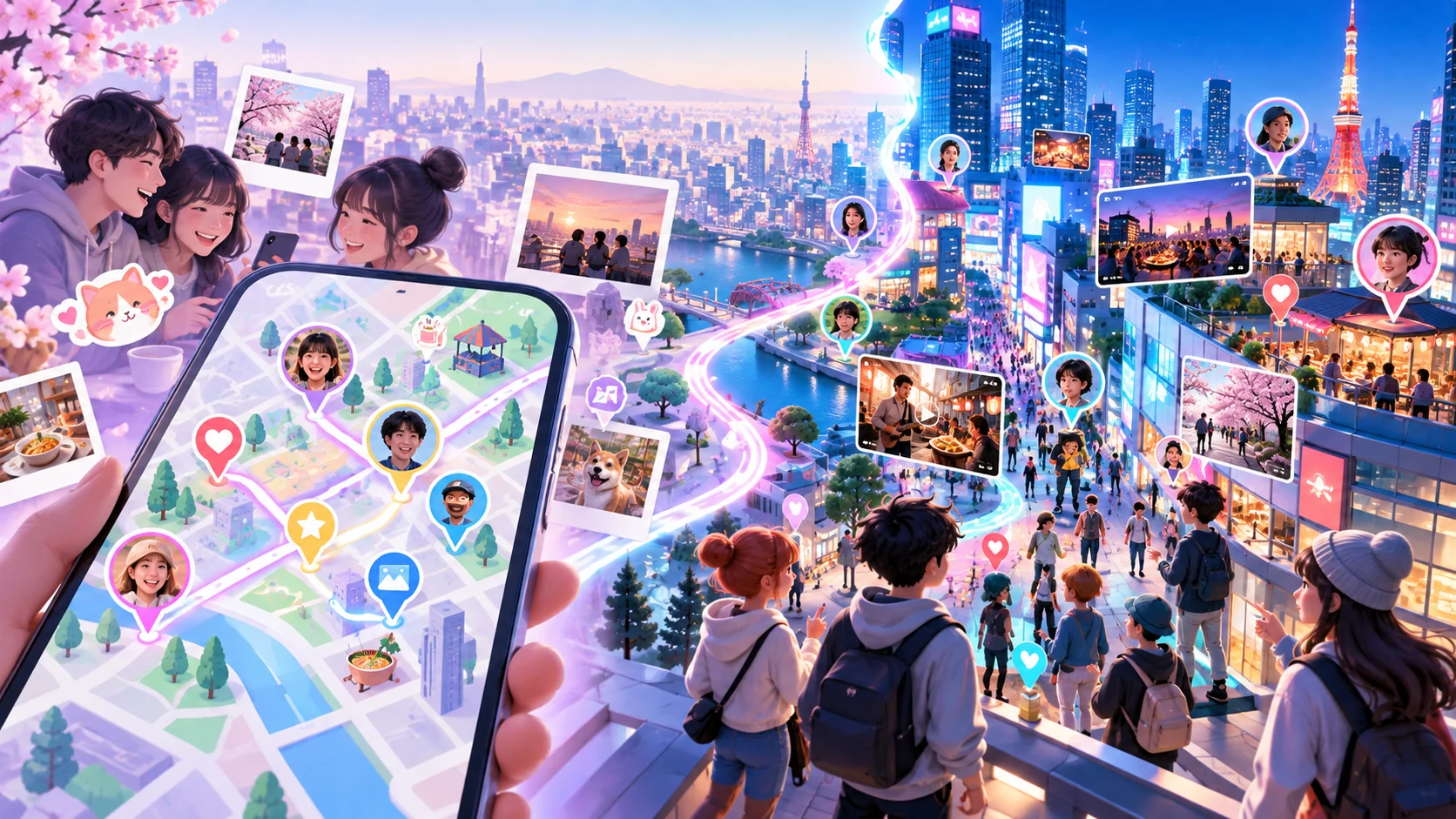 日本の位置情報SNS、GHOSTの友達地図とiS Gatherの3Dソーシャルマップを比較した編集イメージ