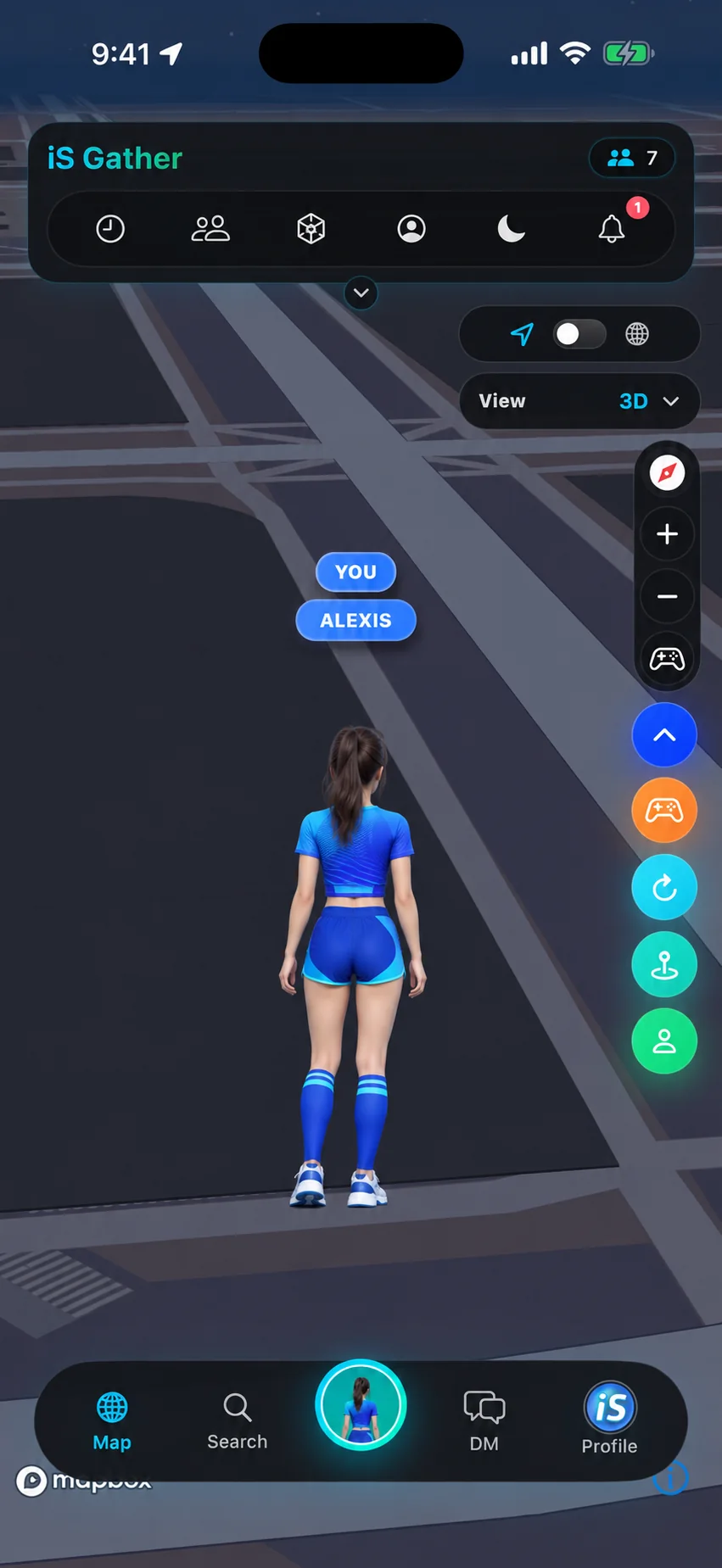 架空の成人日本人女性を動く3Dアバターとして表示したiS Gather地図UIイメージ