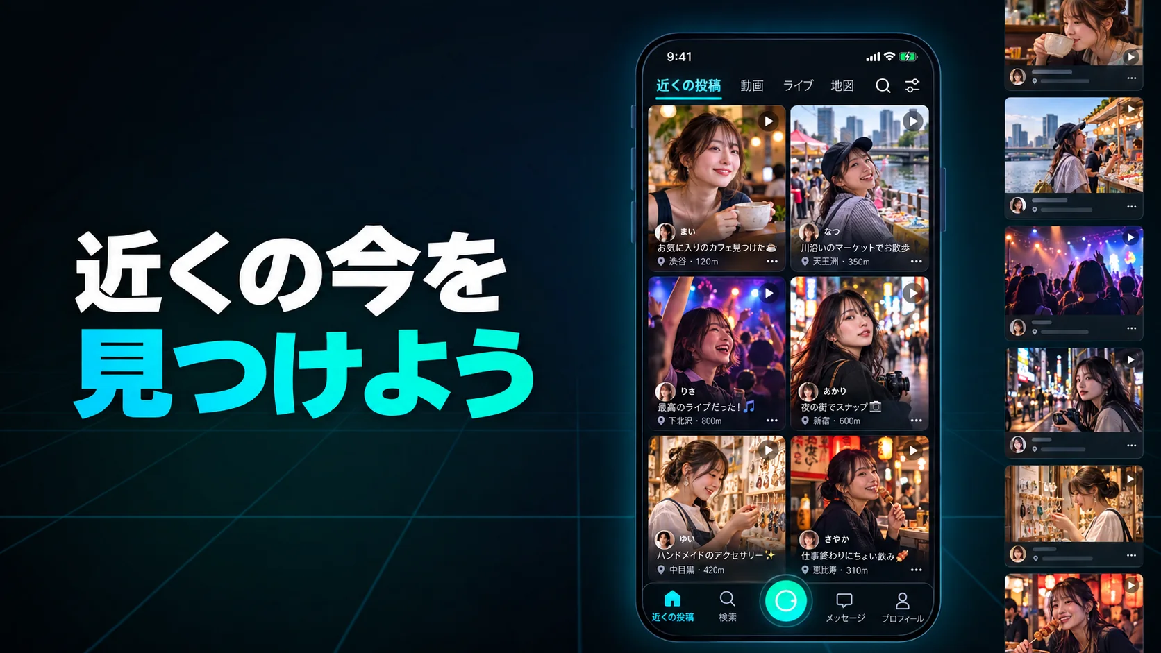 カフェ、マーケット、音楽、街角写真、店、屋台の投稿を架空の成人女性クリエイターが共有する日本語版iS Gather Nearbyフィード
