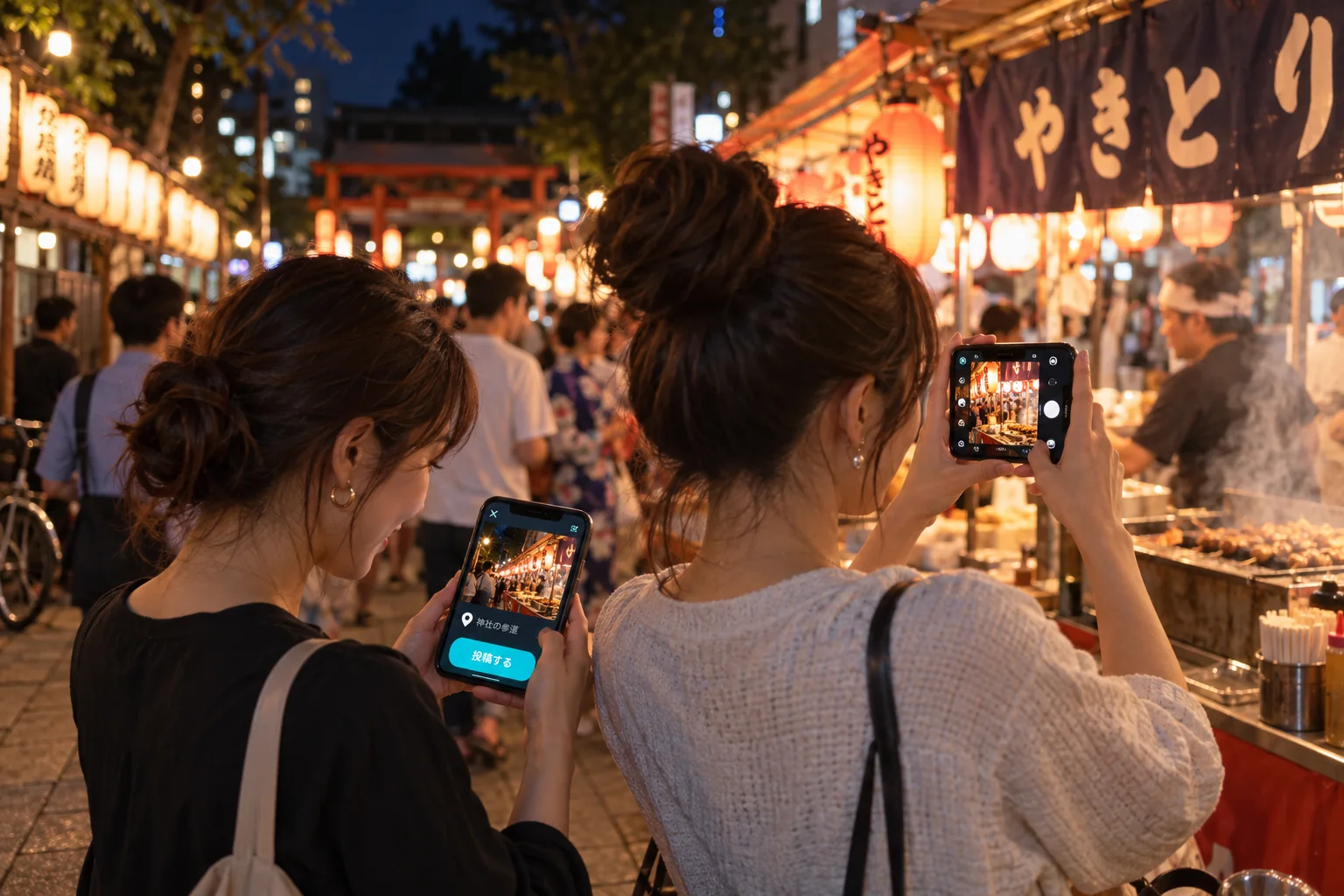 東京の夜祭で位置情報付き写真を撮影し投稿する架空の成人日本人女性