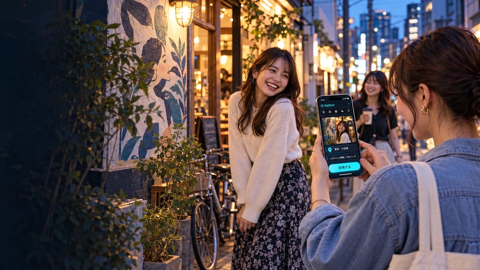 東京で写真を撮り、日本語のiS Gather投稿画面から共有する架空の成人日本人女性