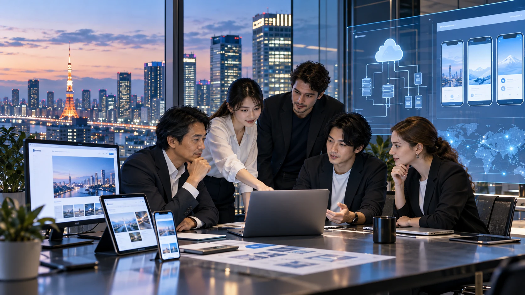 東京のWeb制作会社、アプリ開発会社、システム開発会社としてクラウド構成、デザイン、SEO、スケーラブルな開発を計画するチーム