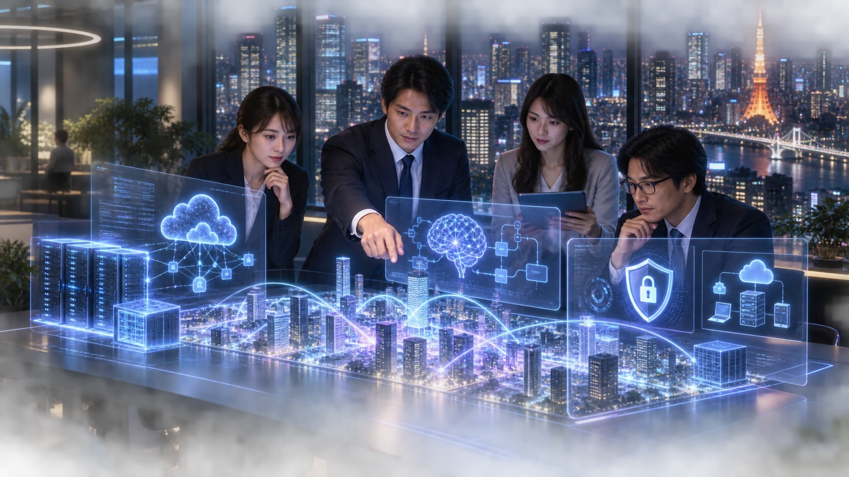 東京のIT企業チームがセキュアなAIワークフロー、クラウド基盤、サイバーセキュリティ、ITサポート、カスタム業務システムを設計している様子