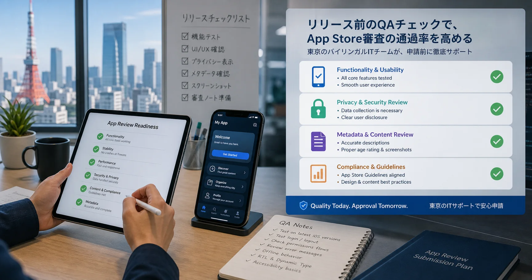 App Store approval QA checklist for Tokyo app teams reviewing iOS metadata, privacy, screenshots, and reviewer notes