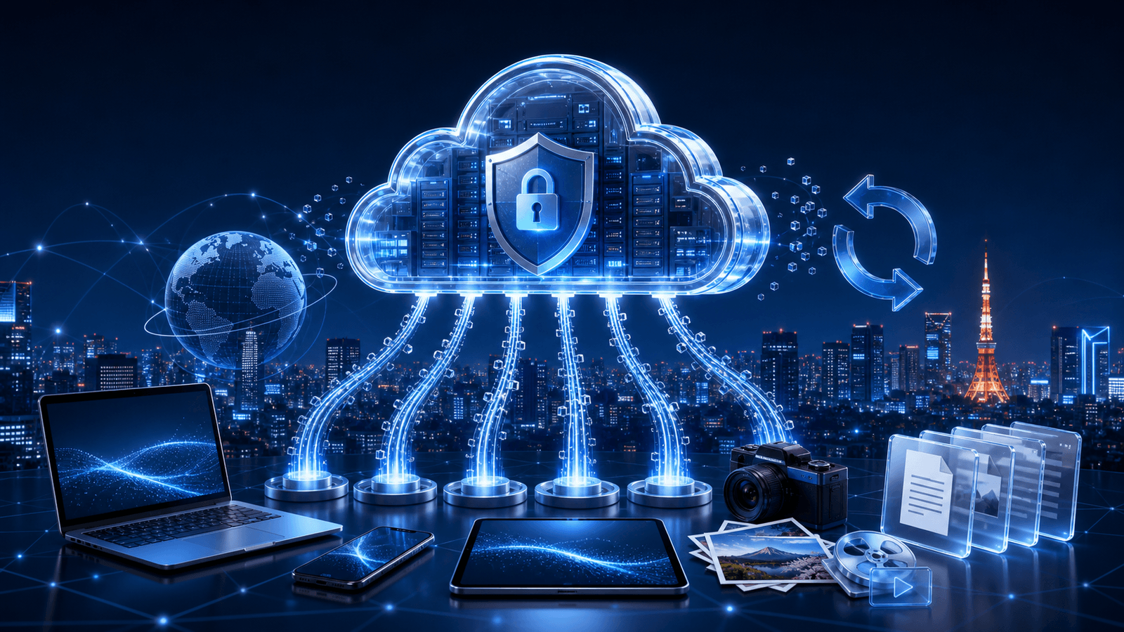 Secure free cloud storage comparison for Japan showing encrypted backup for files, photos, videos, documents, phones, tablets, and computers