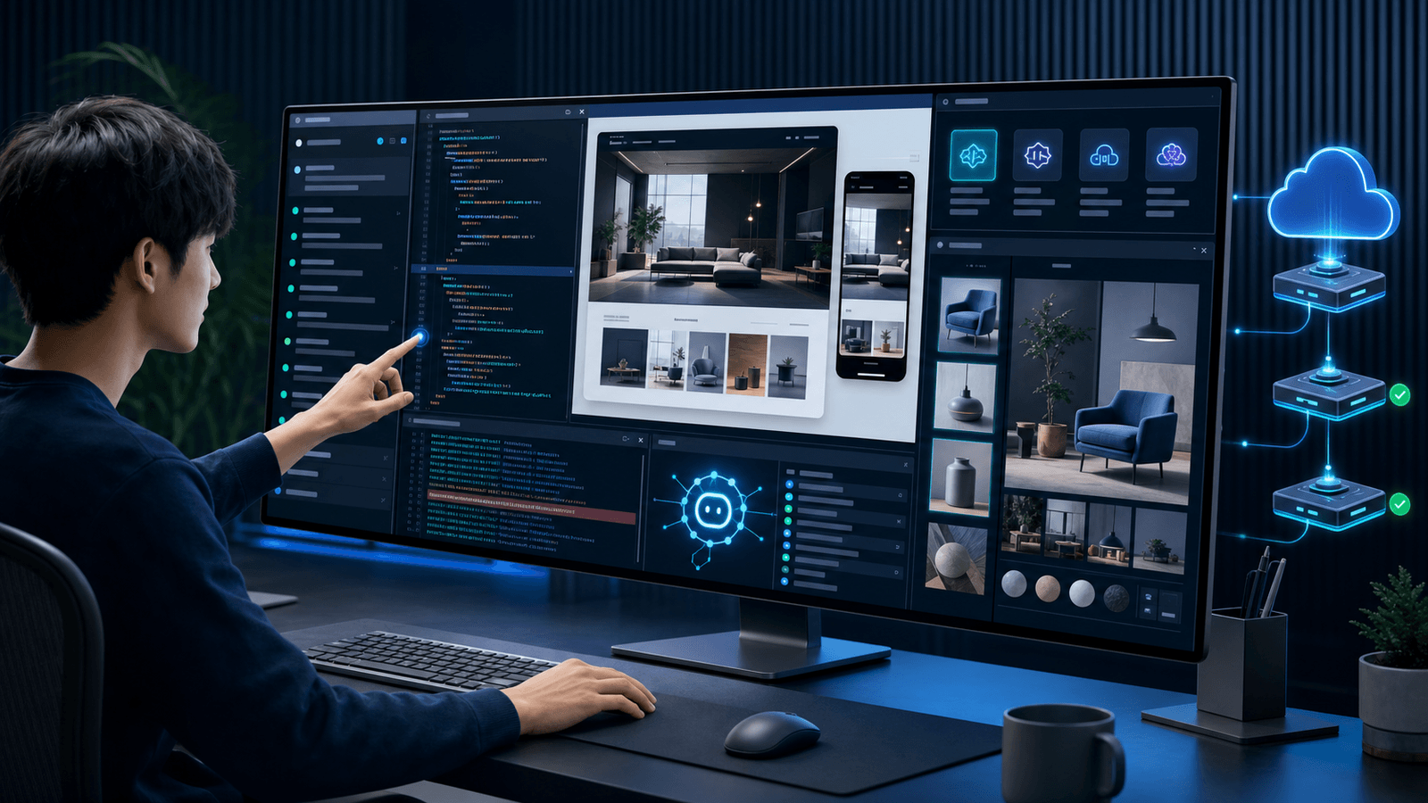 Codex visual development workflow with code, local browser preview, image generation, plugins, debugging, and cloud deployment