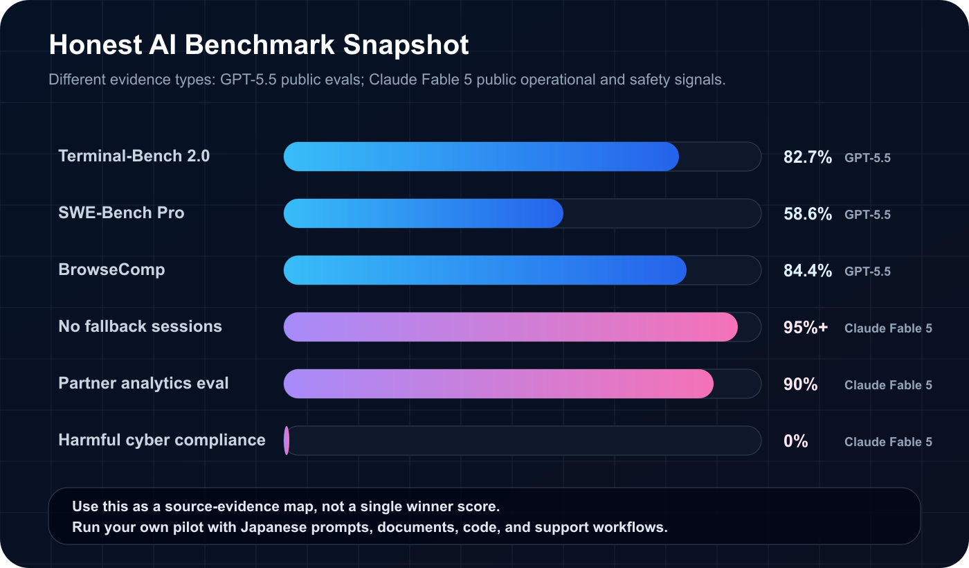 ChatGPT 5.5 vs Claude Fable 5 honest benchmark evidence graph for Japanese business AI adoption