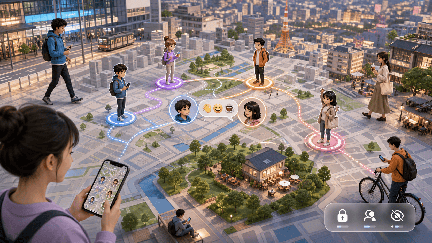 Friends discovering each other through a real-time city map with personalized 3D avatars, live movement, privacy controls, and an ice breaker