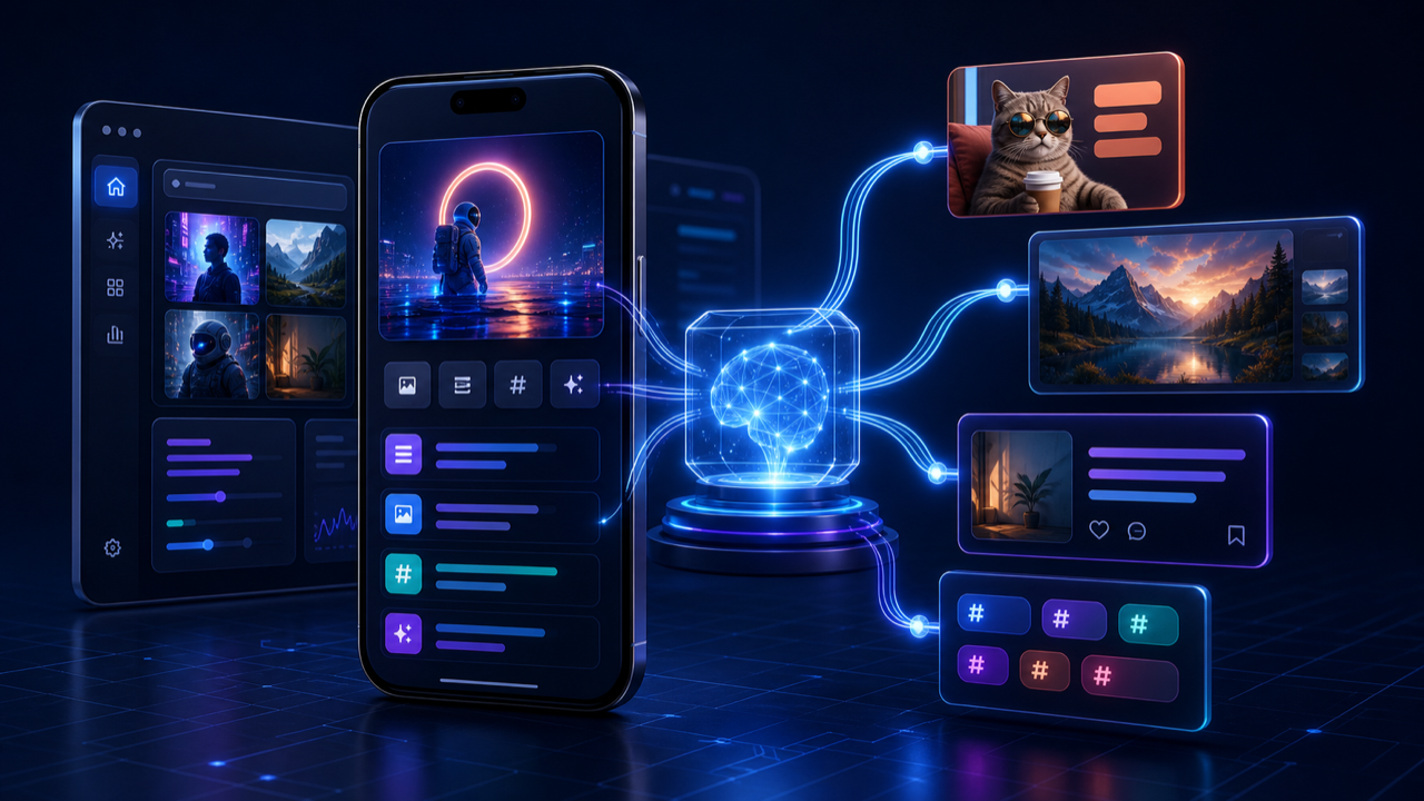 iSocialize AI content studio creating social media posts, memes, AI images, captions, hooks, and hashtags across Web, iPhone, and iPad