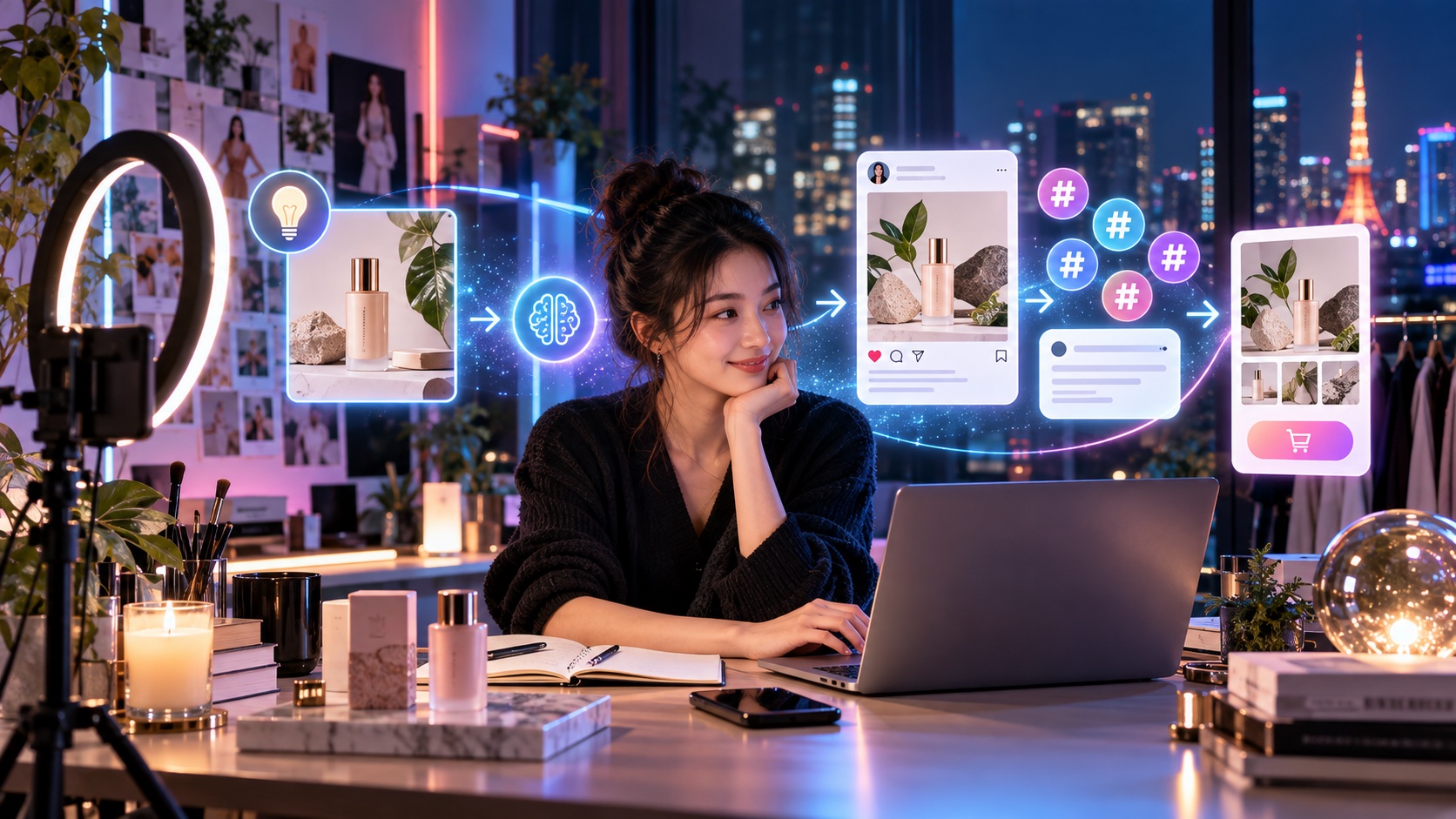 東京のクリエイターがiSocialize AIでキャプション、ハッシュタグ、商品画像、ショッピング向けコンテンツを作成するワークフロー