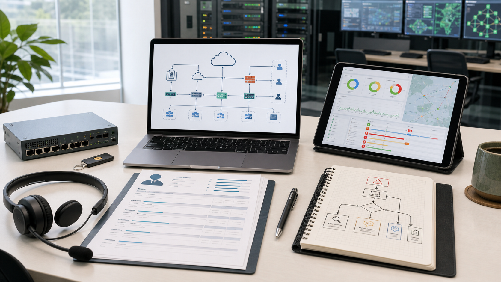 Cloud architecture, monitoring, network equipment, IT engineer skill sheet, security key, support headset, and incident response preparation for jobs in Japan