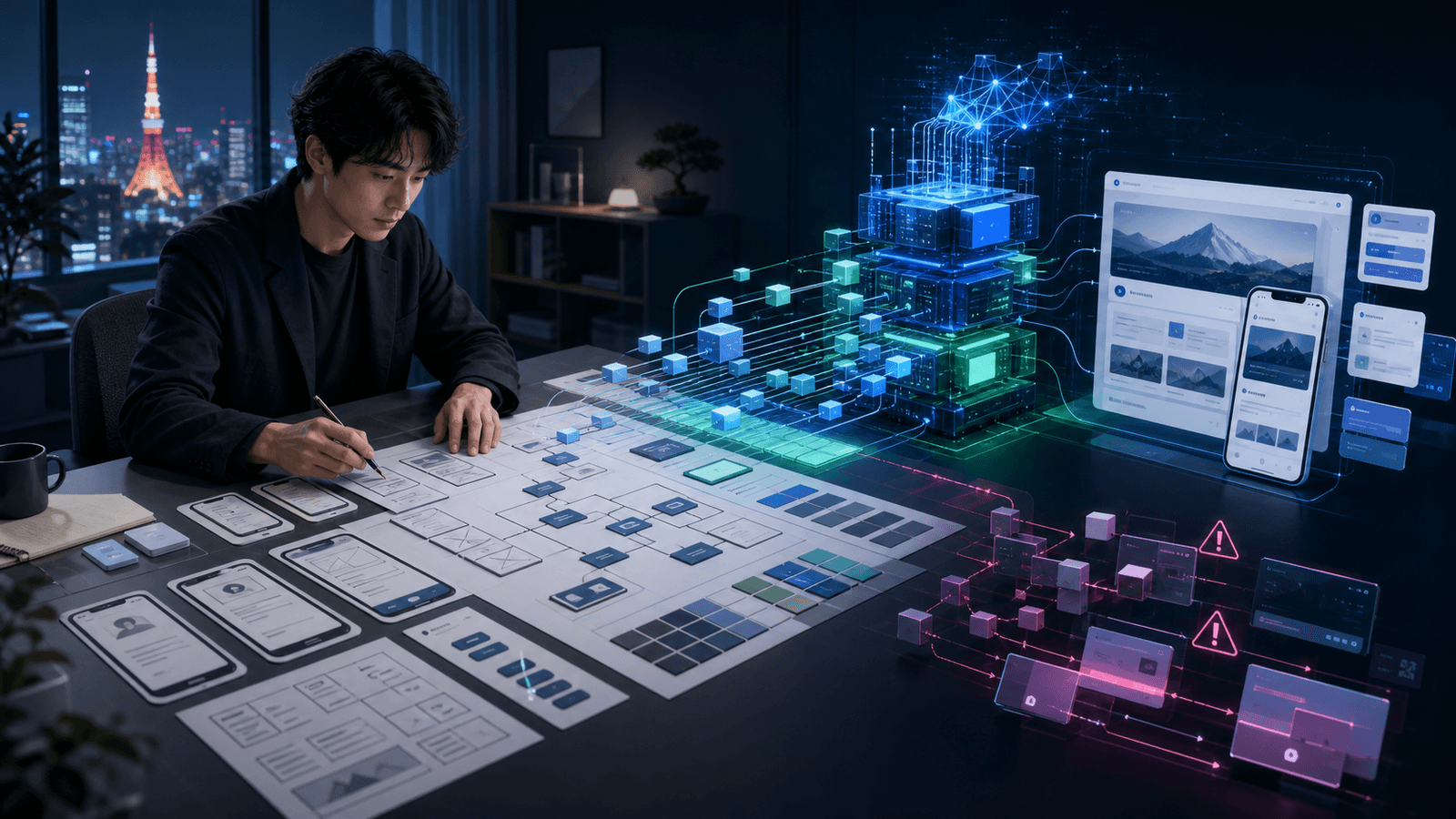 Japanese UI UX designer creating an approved product blueprint before an AI coding system builds web and mobile interfaces