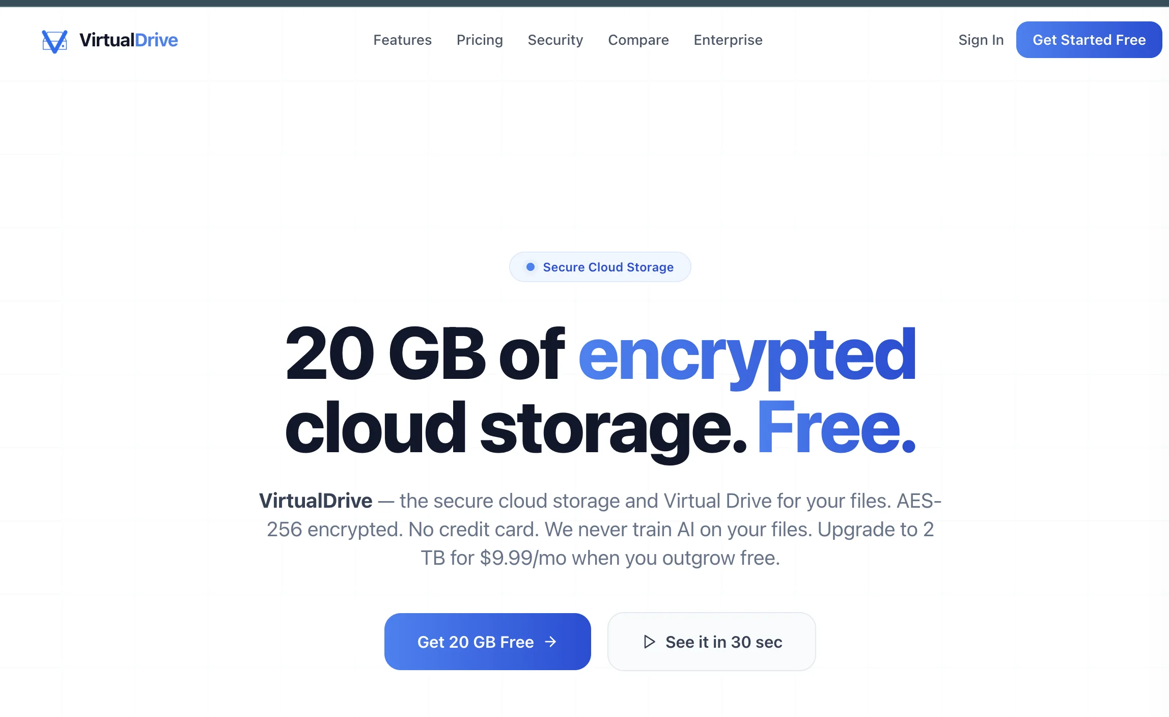 VirtualDrive.US cloud storage provider with 20 GB free encrypted storage, workspaces, file sharing, photo and video backup