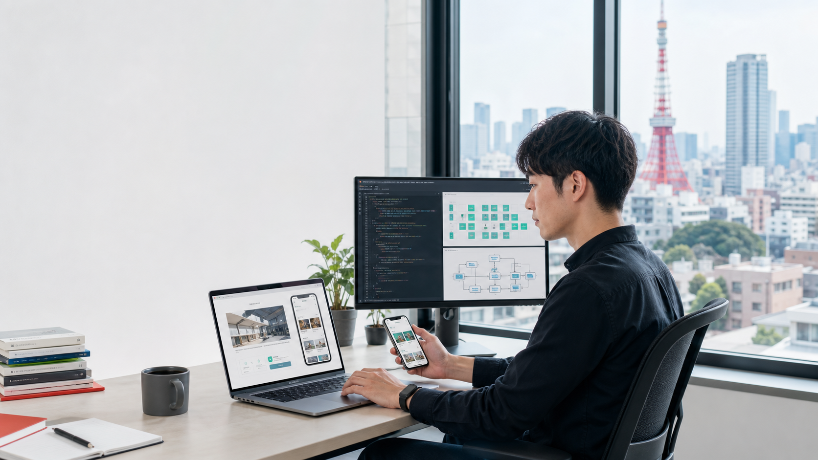 Japanese web and app engineer preparing responsive product work, source code, architecture, portfolio, and GitHub evidence for a job in Japan