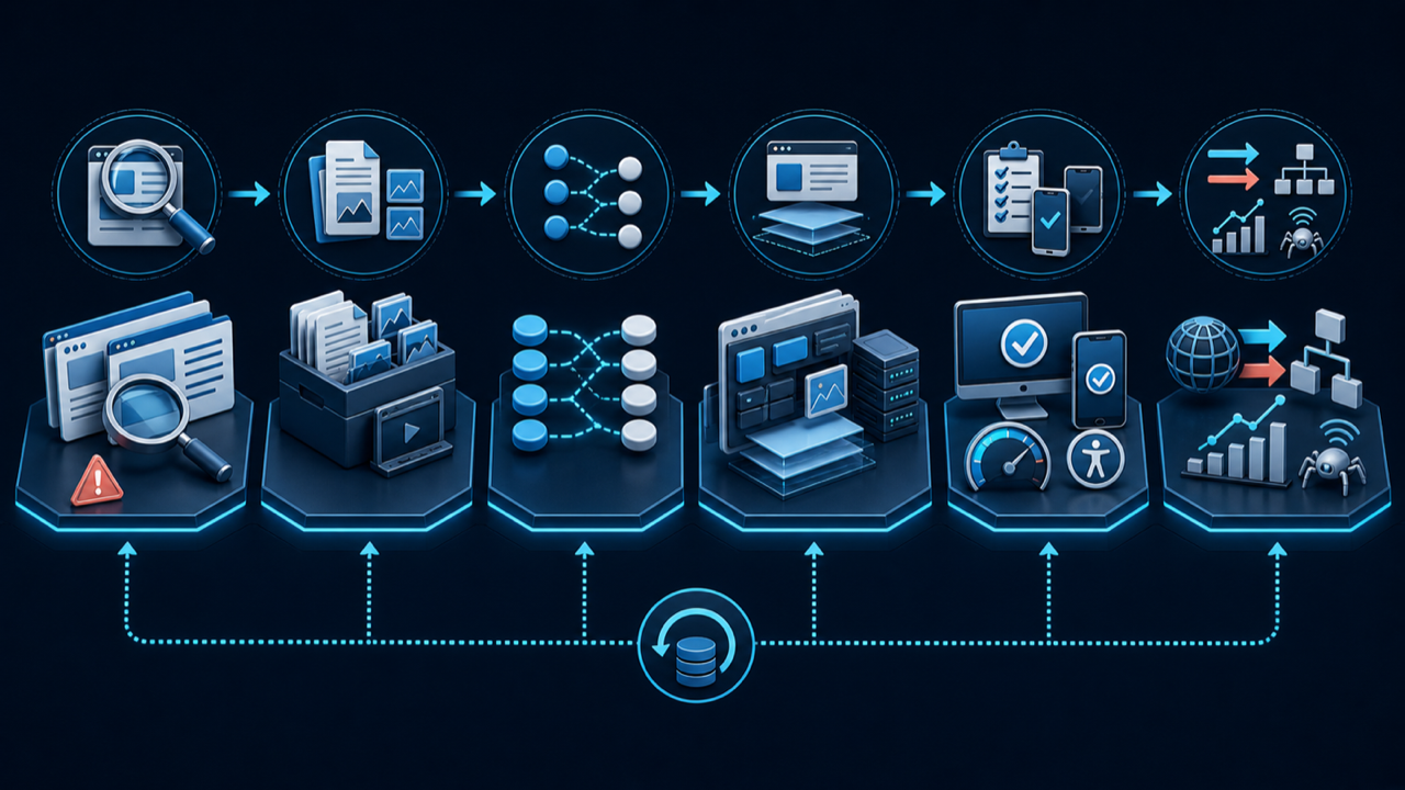 Six-stage WordPress to Next.js migration process covering audit, content inventory, URL mapping, application build, quality assurance, launch monitoring, and rollback