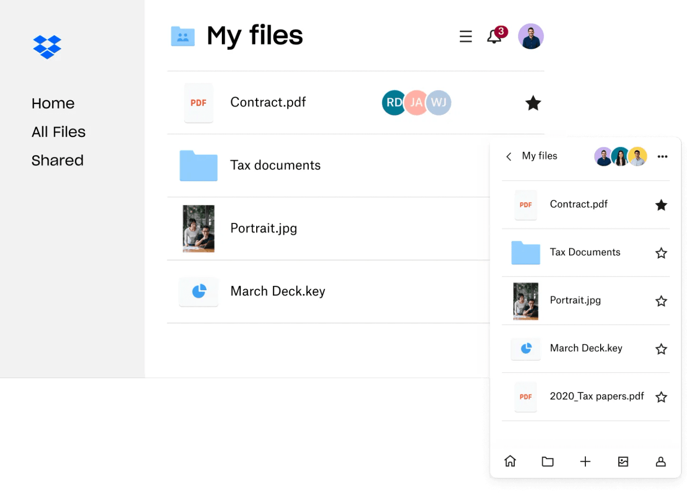 Official Dropbox Basic desktop and mobile interfaces showing synchronized files, folders, collaborators, and starred items