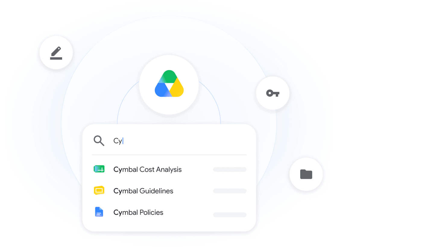 Official Google Drive product interface showing Drive search results for Google Sheets, Slides, and Docs files