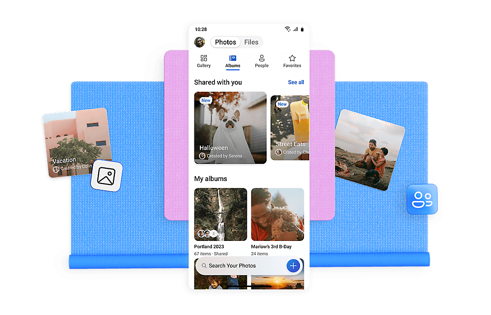 Official Microsoft OneDrive mobile interface showing shared photo albums, people, favorites, and photo search on a smartphone