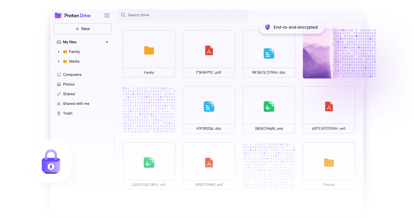 Official Proton Drive web interface showing encrypted folders and files with an end-to-end encryption indicator