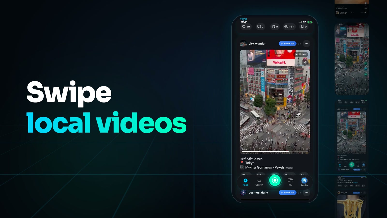 近くの人が投稿した動画を表示するiS Gatherの実際のローカル動画フィード