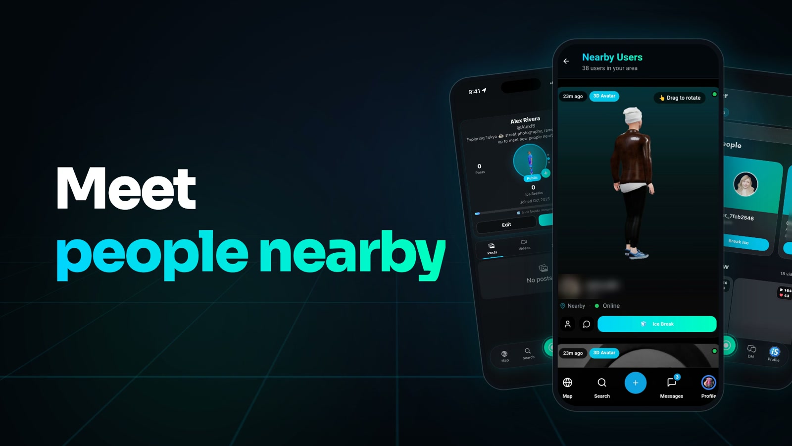 iS Gatherの実際のNearby Users画面。近くのプロフィール、3Dアバター、距離、オンライン状態、メッセージ、Ice Breakを表示